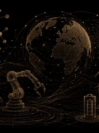 EM360Tech header graphic titled “Deep Tech Explained for Enterprise Leaders”. A black background features interconnected beige-gold technology illustrations, including a digital globe, molecular structures, a robotic arm, a DNA strand, a microchip, a wind turbine, a battery, and a solar panel, representing advanced scientific and engineering innovation. The subtitle reads: “We explain what makes deep tech different, why it's becoming strategically important and how enterprises can evaluate its real-world po