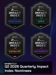 EM360Tech Q2 2026 Quarterly Impact Index nominees announcement graphic featuring four award badges for Vanguard, Apex, Catalyst, and Authority. The badges appear across the top of a dark blue and purple gradient background, with each category highlighted in its own colour. Large white text at the bottom reads: "EM360TECH Q2 2026 Quarterly Impact Index Nominees".
