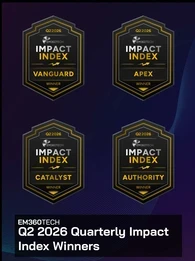 EM360Tech Q2 2026 Quarterly Impact Index Winners header graphic featuring four black and gold award badges labelled Vanguard Winner, Apex Winner, Catalyst Winner, and Authority Winner. Below the badges, the headline reads: "EM360TECH Q2 2026 Quarterly Impact Index Winners" on a dark blue and purple gradient background with subtle abstract wave patterns. 