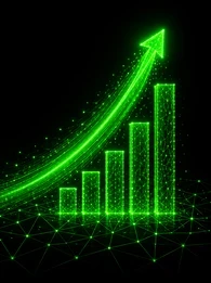 EM360Tech article header titled “From Cost Centre To Profit Centre With AI”. The image features a black background with glowing green digital bar charts, a rising upward trend line, and a connected data network grid. The visual represents AI-driven business growth, value creation, performance measurement, and the transition from operational cost management to revenue and profit generation. Visible text states: “We look at how AI teams move beyond delivery metrics and prove measurable business value to execu