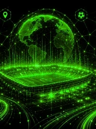 EM360Tech header graphic titled &ldquo;What FIFA Teaches About Predictive Models&rdquo; with the subtitle &ldquo;We explain what FIFA's predictive models reveal about uncertainty and how enterprise leaders can make better forecasting decisions.&rdquo; The image shows a digital football stadium with glowing data networks, analytics icons and a global technology background