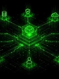 EM360Tech graphic titled &ldquo;AI Is Making the Enterprise Stack Autonomous.&rdquo; A glowing green digital network on a black background connects a central AI-like processing hub to databases, security, cloud, analytics, automation, users and other enterprise systems. Subtitle reads: &ldquo;We look at how enterprise AI is changing system behaviour, operational authority, and the role of IT teams.&rdquo;