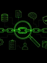 Black EM360Tech graphic titled &ldquo;AI Explainability and Auditability Gaps&rdquo;. Neon green line-art illustrations show a database, document, AI brain, security shield, connected chain links, checklist and locked files around a central circular network. The subtitle reads: &ldquo;We look at why AI explainability alone can't support enterprise accountability, and what organisations need to make AI decisions auditable.&rdquo;