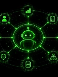 Black and neon-green header graphic showing a glowing robot at the centre of a circular network, connected by lines to eight surrounding icons: a person, bar chart, checklist, cog, flowchart, database, shield and dollar sign. White text reads &ldquo;AI Agents and AI Value Management&rdquo;, followed by &ldquo;We look at why AI agents are turning value management into a continuous enterprise discipline tied to cost, autonomy and business outcomes.&rdquo; The EM360 Enterprise Management 360 logo appears at the top right. 