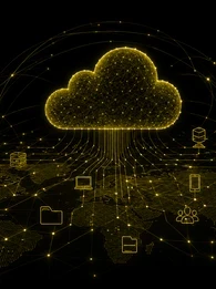A black-and-olive EM360Tech header graphic showing a large glowing digital cloud made from interconnected network lines above a dotted world map. Connected icons for servers, databases, security, devices, users and global networking appear across the map. White text reads: “Top 10 Cloud Computing Services for Enterprises” and “We compare 10 leading cloud computing services to help enterprises find the right fit for their workloads, infrastructure, AI needs and cloud strategy.” The EM360 Enterprise Managemen