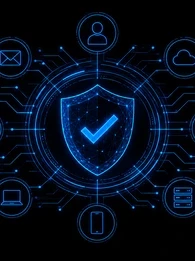 A black-and-blue cybersecurity graphic with a glowing digital shield at the centre, surrounded by connected security icons for email, user identity, cloud services, fingerprint authentication, device access, passwords and servers. Large white text reads &ldquo;Trusted Signals Are The New Enterprise Security Risk,&rdquo; with supporting text explaining that attackers are getting better at looking like trusted people and systems, making the usual warning signs harder to recognise. The EM360 logo appears at the upper righ