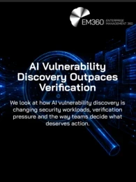 A black-and-blue cybersecurity graphic showing a digital human head, magnifying glass and multiple code and warning panels. Text reads: &ldquo;AI Vulnerability Discovery Outpaces Verification&rdquo; and &ldquo;We look at how AI vulnerability discovery is changing security workloads, verification pressure and the way teams decide what deserves action.&rdquo; The EM360 logo appears at the top.