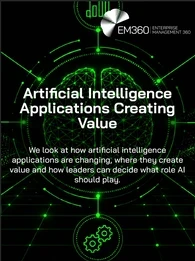 A black-and-green AI graphic with a glowing digital brain connected to icons for search, analytics, documents, security, automation and users. Text reads &ldquo;Artificial Intelligence Applications Creating Value&rdquo; and &ldquo;We look at how artificial intelligence applications are changing, where they create value and how leaders can decide what role AI should play.&rdquo; The EM360 logo appears at the top.