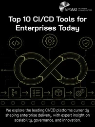 Black background with the heading "Top 10 CI/CD Tools for Enterprises Today" and a light yellow graphic showing a process.
