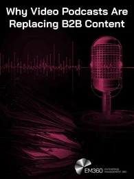 Header graphic titled “Why Video Podcasts Are Replacing B2B Content” on a black background. A large magenta podcast microphone stands on the right, surrounded by an audio waveform stretching across the image, while layered abstract magenta lines and textures fill the left side. The white EM360 Enterprise Management 360 logo appears in the bottom-right corner.