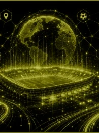 Header graphic for the EM360Tech article "FIFA World Cup Infrastructure Ecosystem." A glowing digital globe hovers above a futuristic football stadium, connected by a web of illuminated network lines. Technology icons representing surveillance, analytics, cybersecurity, transport and collaboration surround the scene, illustrating the World Cup as a connected infrastructure ecosystem. The on-image text reads: "FIFA World Cup Infrastructure Ecosystem" and "We explain how the World Cup turns connected technolo