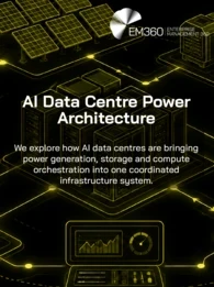 Header graphic showing an interconnected AI data centre power system with server racks linked to the electricity grid, solar panels, onsite generation and battery storage. Text reads: &ldquo;AI Data Centre Power Architecture. We explore how AI data centres are bringing power generation, storage and compute orchestration into one coordinated infrastructure system.&rdquo;