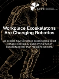 Graphic showing a worker wearing an industrial exoskeleton with the text, &ldquo;Workplace Exoskeletons Are Changing Robotics. We explore how workplace exoskeletons could reshape robotics by augmenting human capability rather than replacing workers.&rdquo; 