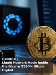 EM360Tech header graphic showing a large gold Bitcoin coin on a dark desk, with blurred cryptocurrency trading charts and digital screens behind it. Overlaid text reads: “Liquid Network Hack: Inside the Bizarre $320M Bitcoin Exploit.” 