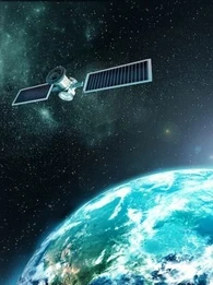 Image from space of a satellite floating above the Earth with the sun behind