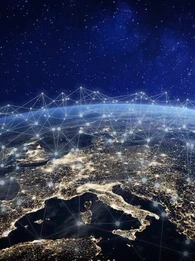 Image of the Earth covering Europe with cities and countries lit up at night, with various connecting lines showing how countries are connected