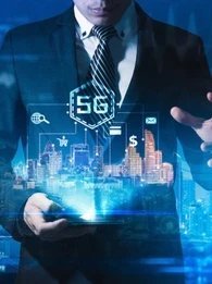 Hologram of London cityscape with 5G beamed in the sky