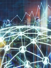 line drawing of the world with connecting lines across in front of a cityscape