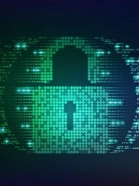 Image of a padlock created from dots and binary code in green and blue, creating a shape of an eyeball with the padlock in the centre