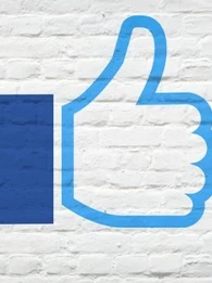 Thumbs up emoji in Facebook branding against a white brick wall