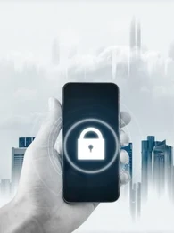 Padlock on a smartphone screen with a cityscape behind the phone