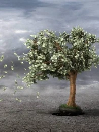 Image of a desert with a tree with dollar bills for leaves blowing away in the wind