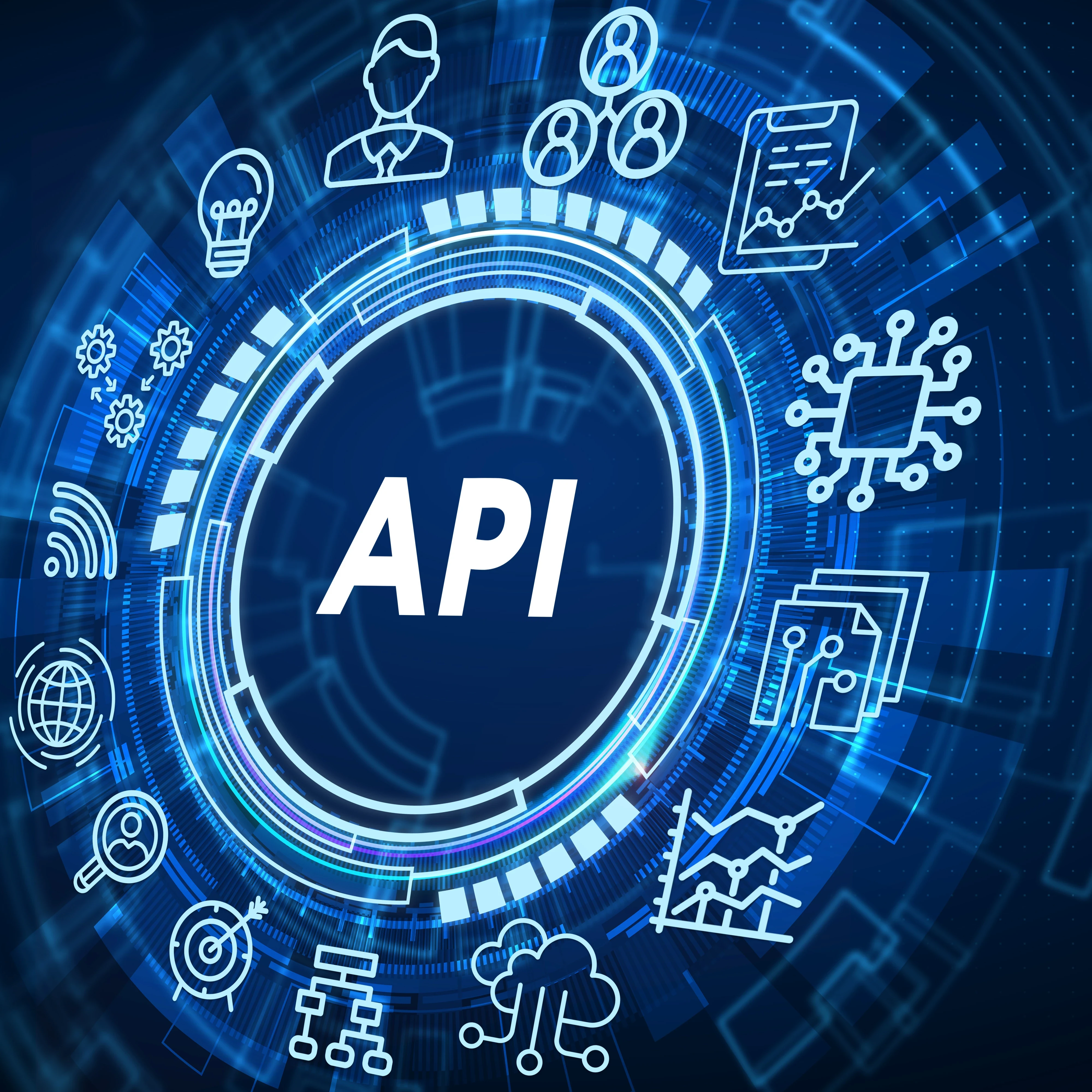 API in the middle of logos showing various application based systems