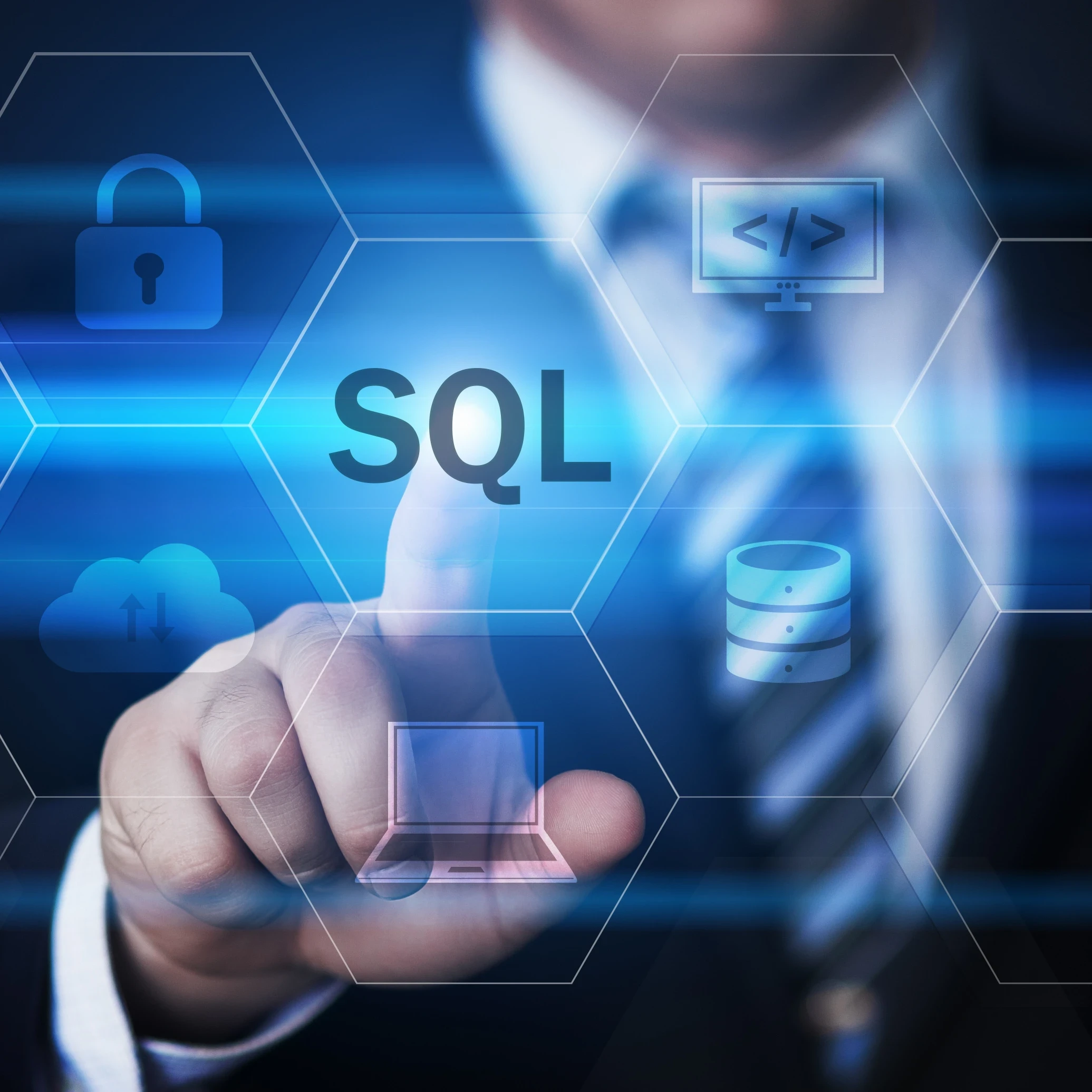 Business man tapping an SQL button on a virtual screen