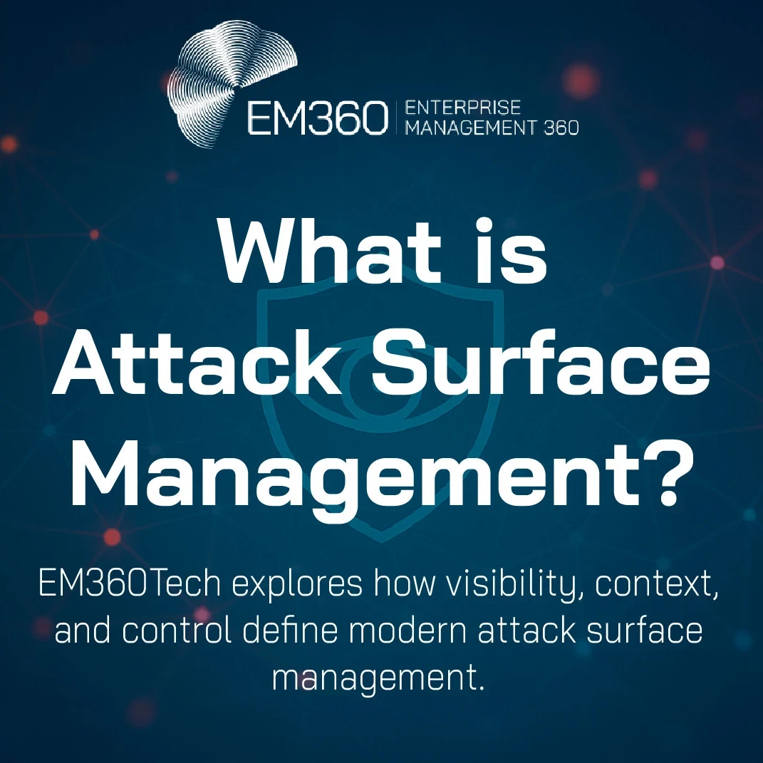 Header image for the article "What is Attack Surface Management?" featuring a digital shield icon and connected network nodes on a dark blue background. The EM360Tech logo appears in the top left corner, with the subtitle "EM360Tech explores how visibility, context, and control define modern attack surface management.