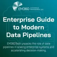 Banner graphic titled "Enterprise Guide to Modern Data Pipelines" by EM360Tech, with a teal gradient background and white tech-themed line icons representing cloud, servers, and data flow. Text highlights the article’s focus on scaling enterprise systems and accelerating decision-making.
