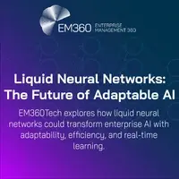 EM360Tech title graphic with a blue-to-purple gradient background and faint neural network diagram. Large white text reads 'Liquid Neural Networks: The Future of Adaptable AI'. Smaller white text below says 'EM360Tech explores how liquid neural networks could transform enterprise AI with adaptability, efficiency, and real-time learning'.