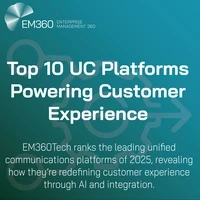 Infographic titled “Top 10 UC Platforms Powering Customer Experience.” The EM360Tech logo appears at the top left, with the subtitle reading, “EM360Tech ranks the leading unified communications platforms of 2025, revealing how they’re redefining customer experience through AI and integration.” The background features a teal gradient with a subtle gear-and-arrow design representing connectivity and progress.