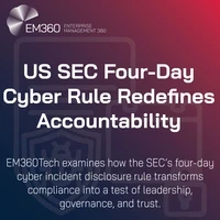 “EM360Tech cover image titled ‘US SEC Four-Day Cyber Rule Redefines Accountability.’ The design features bold white text on a dark blue-to-red gradient background with subtle vector outlines of a shield, lock, and calendar, symbolising cybersecurity disclosure and regulatory compliance.”