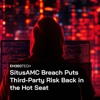 A hooded figure sits in front of glowing red digital screens, representing a cyberattack environment, with overlaid text reading “EM360Tech: SitusAMC Breach Puts Third-Party Risk Back in the Hot Seat.”