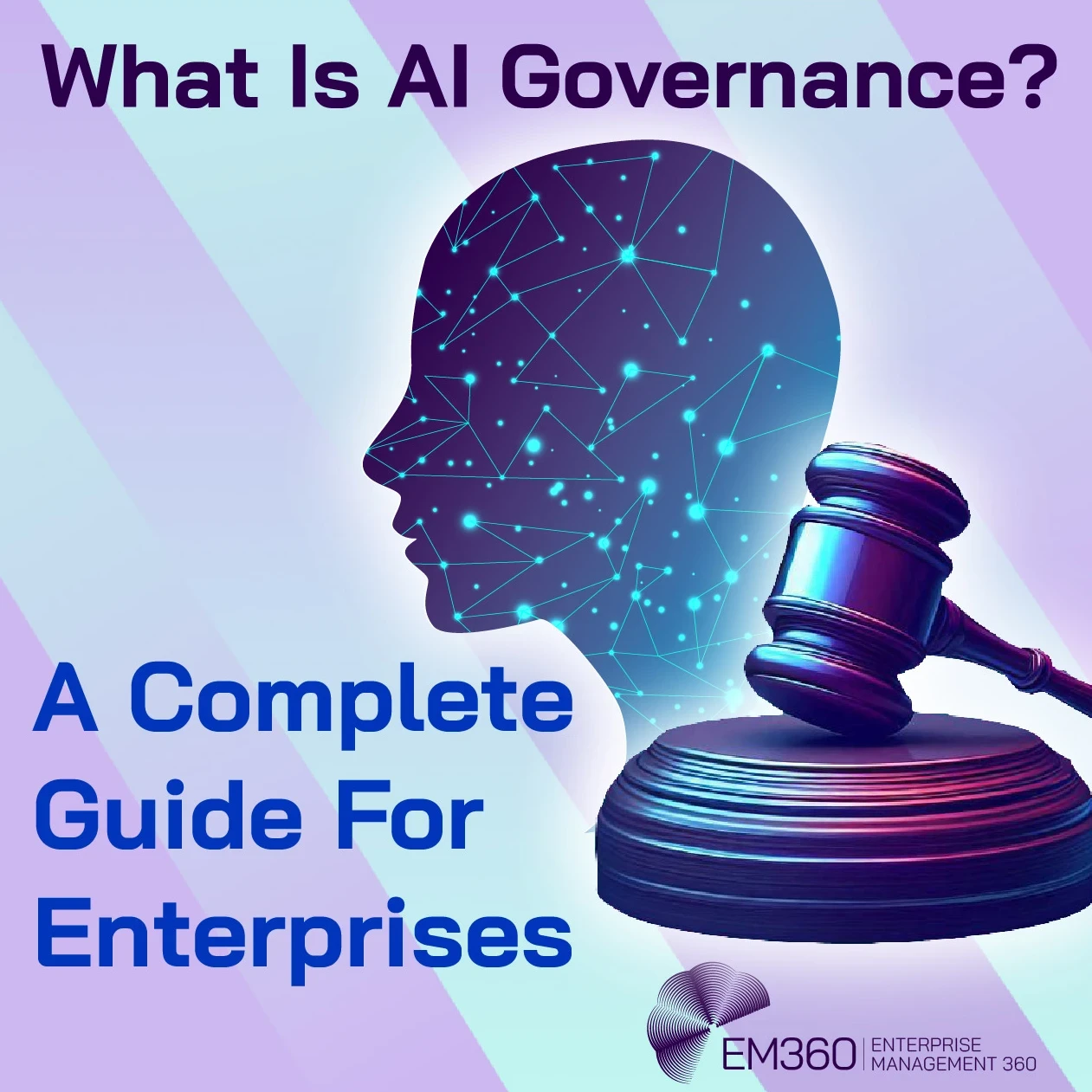 Illustration showing AI governance concepts: data management, regulatory compliance, accountability, and lifecycle oversight, with icons representing monitoring, risk, and transparency.