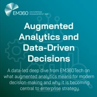 A teal gradient graphic featuring the EM360 logo at the top left and a faint line-drawn AI and analytics icon in the background. Bold white text reads “Augmented Analytics and Data-Driven Decisions,” with a smaller subtitle below describing a data-led deep dive from EM360Tech on the role of augmented analytics in modern enterprise strategy.