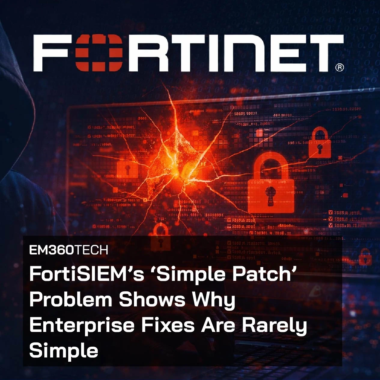 Header image showing the Fortinet logo centred at the top above a dark cybersecurity scene, with a hooded figure at a laptop, red padlock icons, cracked digital screen effects, and binary code in the background, alongside the article title “FortiSIEM’s ‘Simple Patch’ Problem Shows Why Enterprise Fixes Are Rarely Simple” branded with EM360Tech.