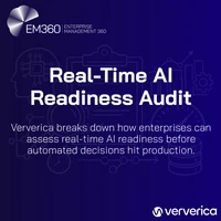 Header image showing EM360Tech and Ververica branding with the title “Real-Time AI Readiness Audit” and the subtitle “Ververica breaks down how enterprises can assess real-time AI readiness before automated decisions hit production,” set against a dark blue background with line-drawn icons representing AI, data pipelines, analytics, and performance metrics.
