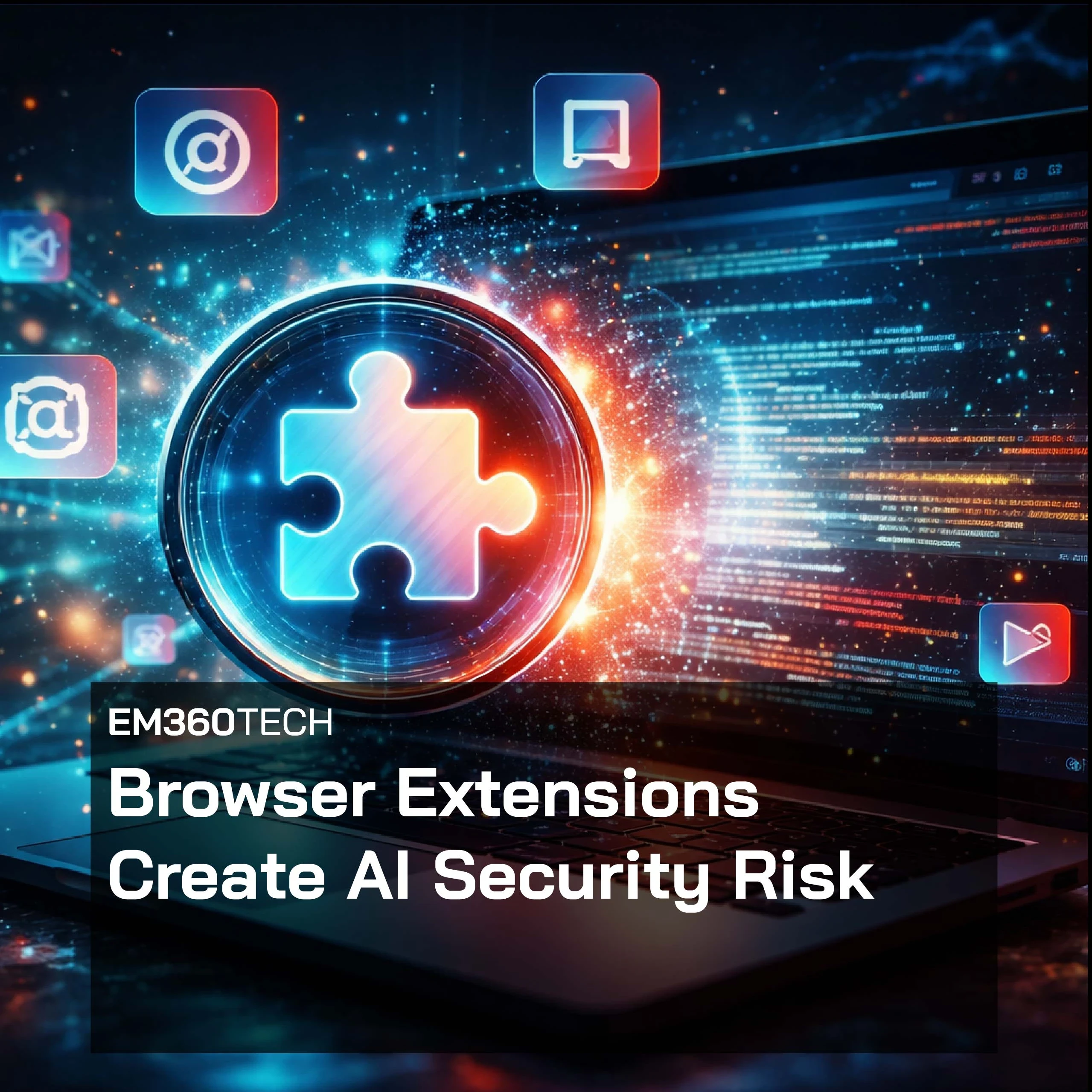 Dark digital image of a laptop with streams of code on the screen and a glowing puzzle-piece icon surrounded by browser extension symbols. Overlaid text reads “EM360TECH” and “Browser Extensions Create AI Security Risk”.