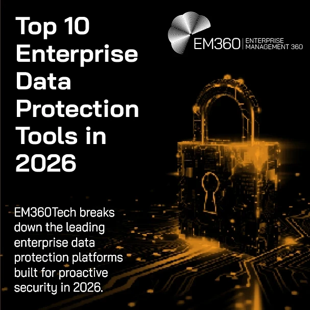 Black and orange graphic with the EM360 logo at the top right. Large white headline text on the left reads: “Top 10 Enterprise Data Protection Tools in 2026.” Beneath it, smaller white text reads: “EM360Tech breaks down the leading enterprise data protection platforms built for proactive security in 2026.” On the right side, a glowing gold digital padlock made of circuit-board elements sits on a dark background with illuminated data lines, representing cybersecurity and data protection.