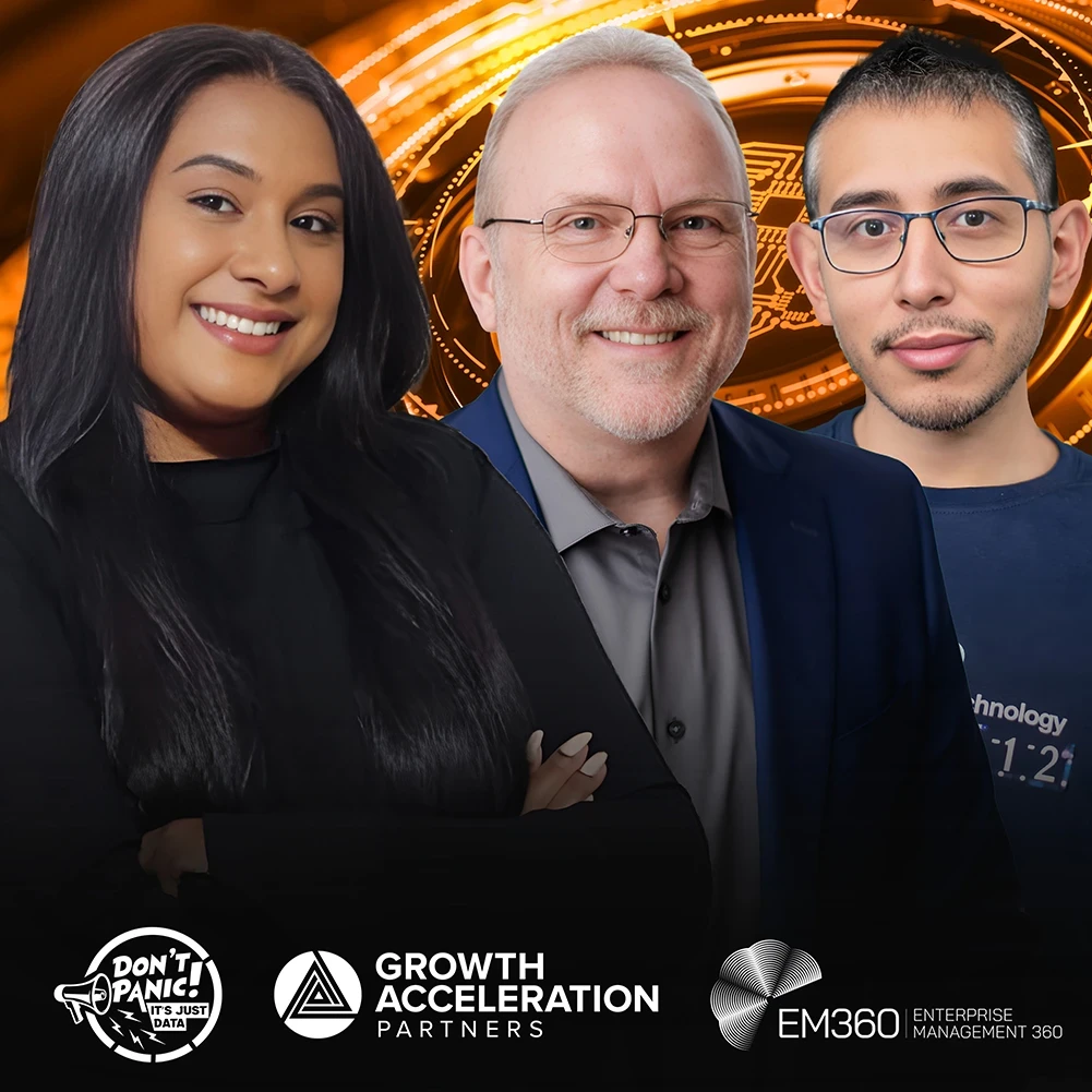 Trisha Pillay, Paul Brownell, and Sergio Morales discussing AI strategy and the revenue data gap on the Don’t Panic It’s Just Data podcast.