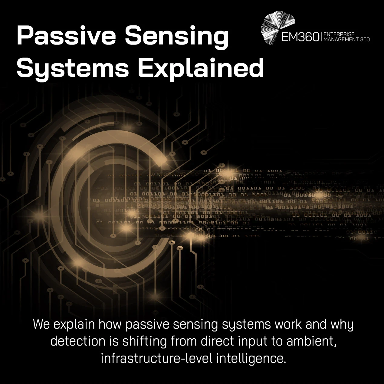 Header graphic for an EM360Tech article titled “Passive Sensing Systems Explained.” The image features a dark black background with glowing gold circular signal patterns, circuit-like lines, and flowing streams of binary-style data representing ambient sensing and wireless detection. The EM360 Enterprise Management 360 logo appears in the top right corner. Subtitle text reads: “We explain how passive sensing systems work and why detection is shifting from direct input to ambient, infrastructure-level intell