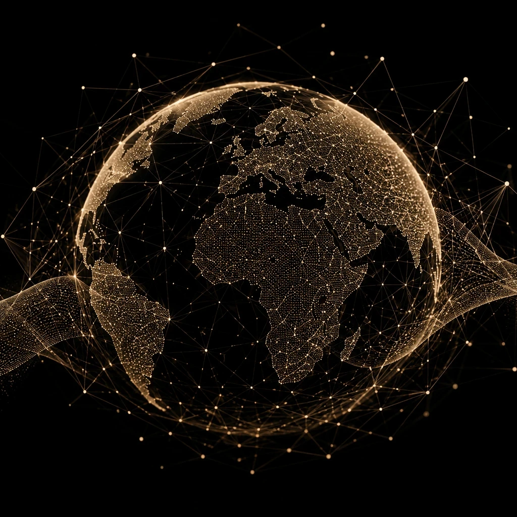 Header graphic for an EM360Tech article titled "Web3 Industry Growth 2026: Enterprise Adoption Rises". A glowing digital globe centred on Europe and Africa is formed from interconnected beige-gold data points and network lines against a black background. Flowing particle waves cross the foreground, symbolising global connectivity, tokenisation, and enterprise Web3 infrastructure.