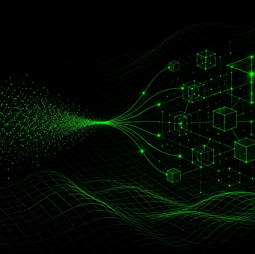 EM360Tech header graphic with a black background, bright green digital wave patterns flowing across the bottom and centre, and glowing green geometric cubes connected by network lines on the right. White title text reads “How To Choose The Right Machine Learning Model” with a subtitle explaining how machine learning models can be matched to business goals, data realities, and operational requirements. The EM360 logo appears in the top right corner.