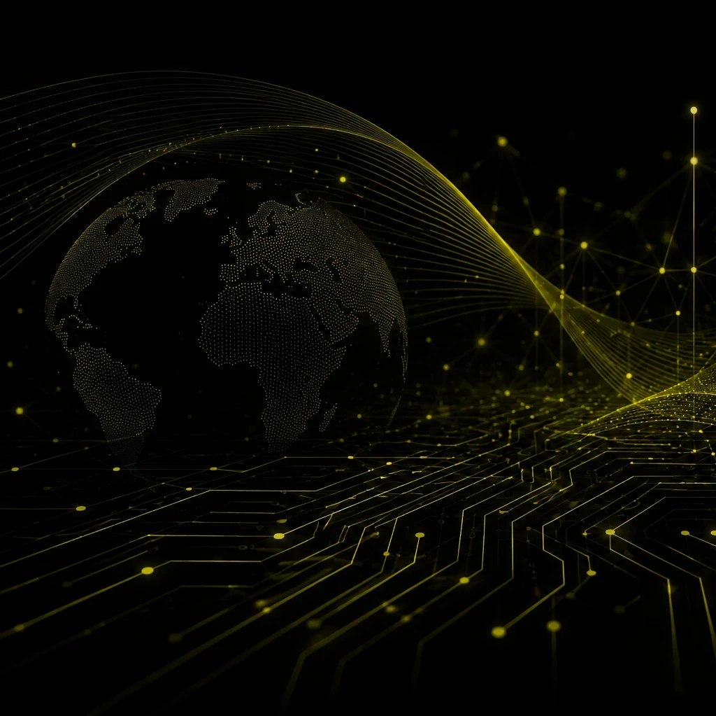 Header graphic for the EM360Tech article "Why Accessibility Is An Infrastructure Question". A glowing olive digital network overlays a black background with a dotted globe, flowing data lines, and circuit board patterns, representing resilient, connected infrastructure. The subtitle reads: "We look at why accessibility is moving beyond compliance and becoming a core part of infrastructure resilience and service delivery."