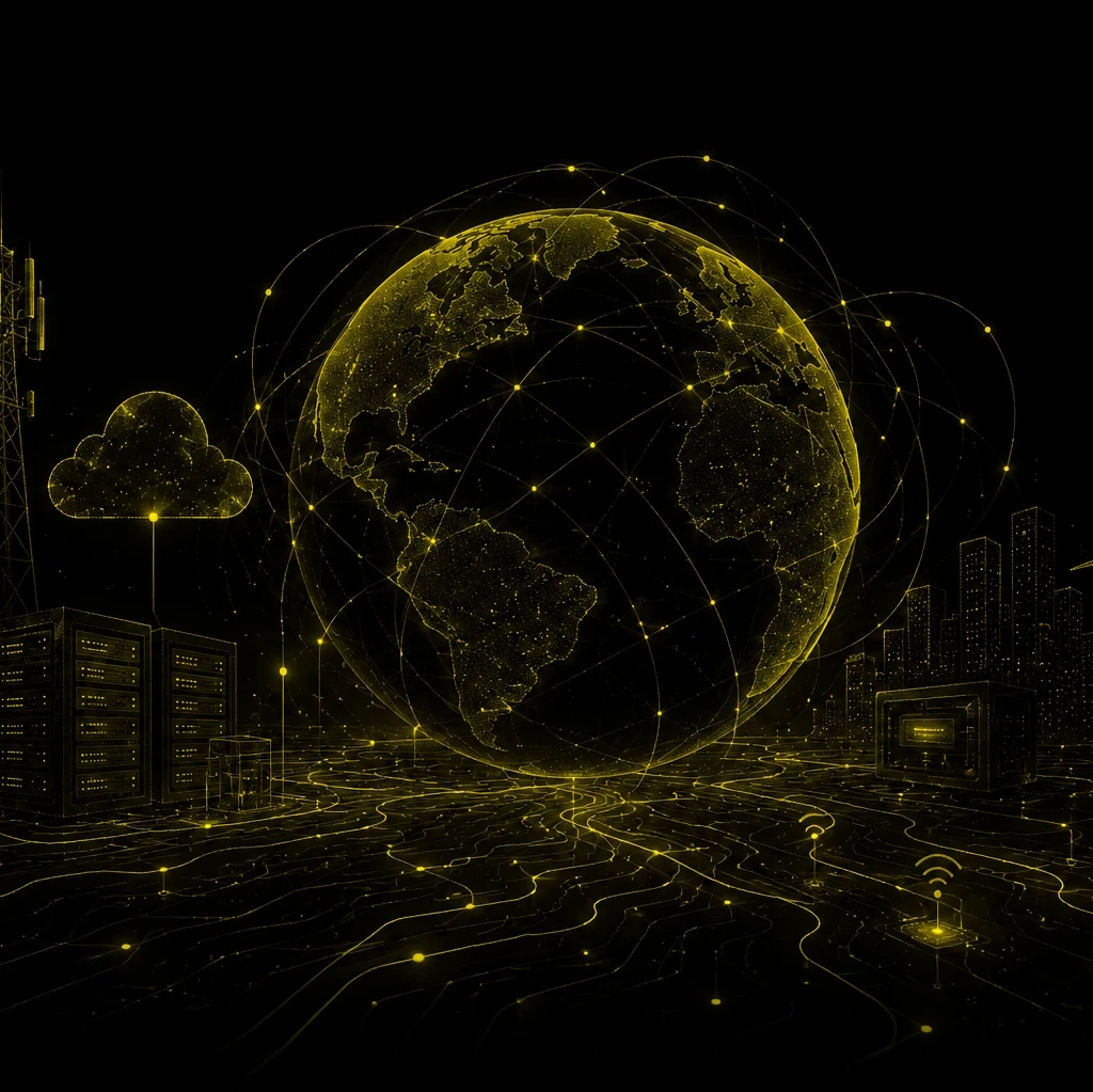 EM360Tech header graphic showing a glowing digital globe connected by network pathways and data points against a black background. A telecommunications tower, cloud computing icon, server infrastructure, and city skyline surround the globe, representing the systems that enable global connectivity. 