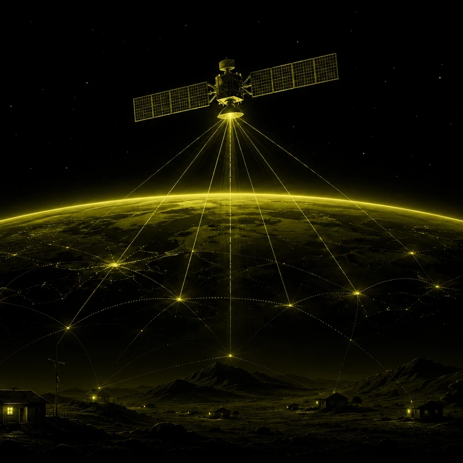 Header graphic showing a satellite in orbit above Earth, transmitting olive-green connectivity beams to remote communities below. A black background with glowing network lines links scattered homes across a rural landscape, while the title “Why Satellite Internet Won’t Solve The Digital Divide” and a subtitle about affordability, trust and local infrastructure appear in white text.