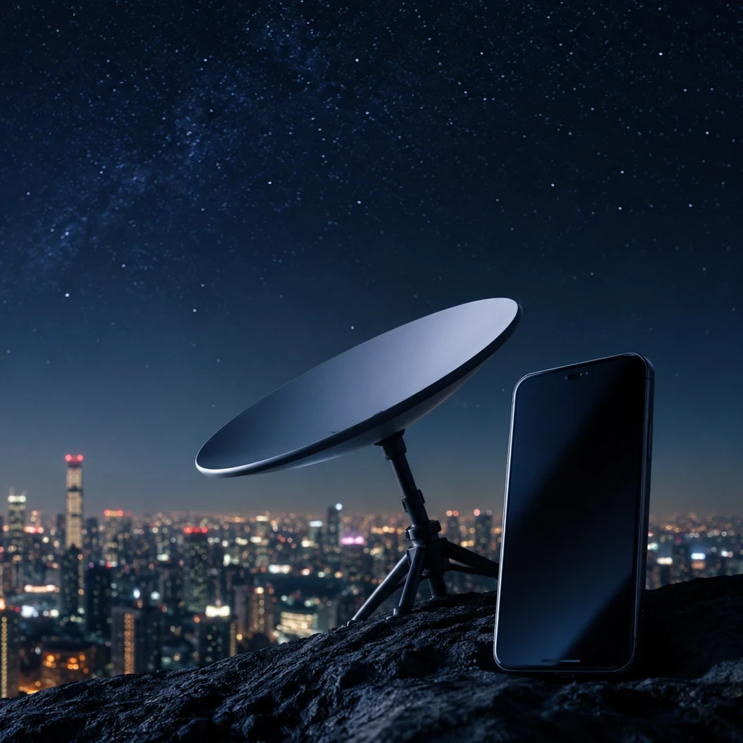 EM360Tech header graphic showing a satellite internet dish and smartphone overlooking a city skyline at night beneath a star-filled sky, representing Starlink's expansion into the US mobile market and competition with established telecommunications providers. The headline reads: "Starlink Eyes US Mobile Market in Direct Challenge to Telecoms Giants."
