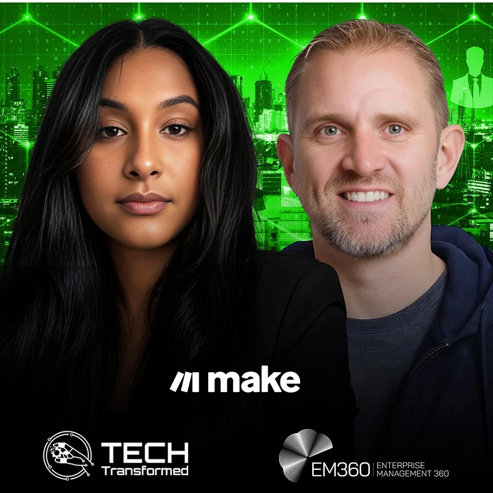 Podcast studio scene showing host Trish Pillay speaking with guest Darin Patterson, VP Product Advocacy and Market Strategy at Make, during a discussion on enterprise AI ROI challenges.