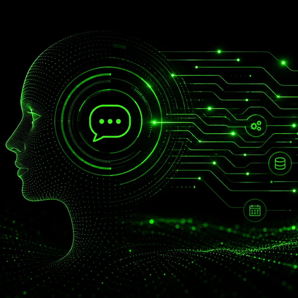 EM360Tech graphic titled “What Is Virtual Assistant Technology?” featuring a digital green-on-black interface with a stylised human profile, circular AI-inspired visual elements, and connected data pathways linking icons representing documents, databases, workflows, and users. The graphic explores how virtual assistant technology has evolved from basic assistants into intelligent systems that support enterprise operations.